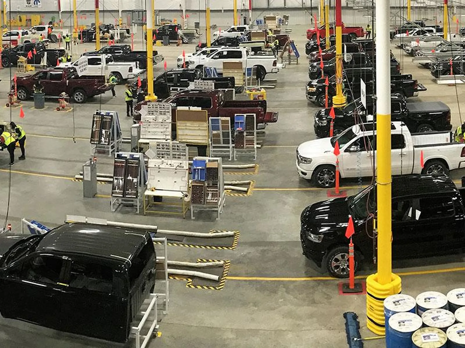 Aerial view of the GFX Solutions production floor with vehicles staged for accessory installation