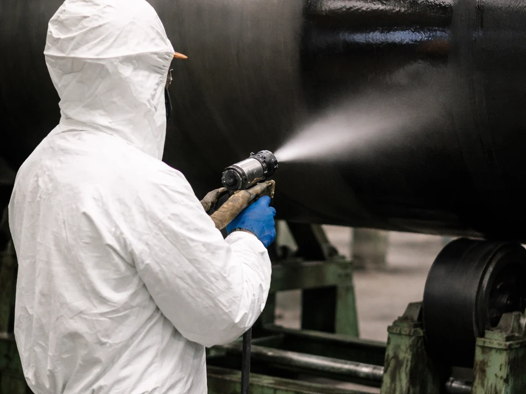 Technician spray-applying a polyurea protective coating to industrial pipe at Ultimate Linings